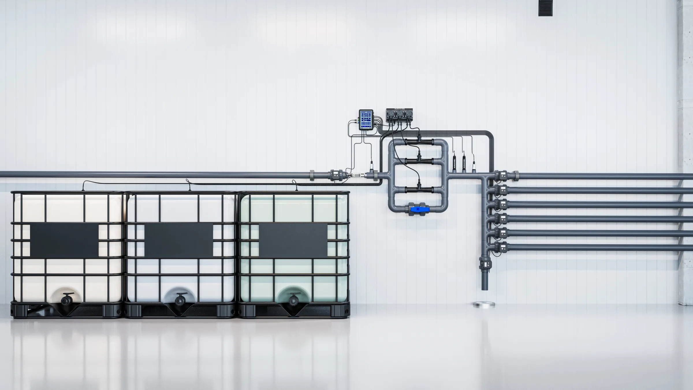 Large Nuravine inline dosing setup with IBC totes feeding a facility irrigation main