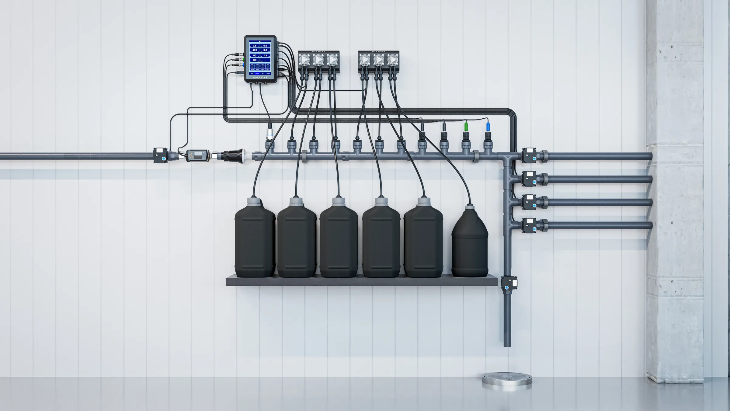 Nuravine Aurora II direct-inject inline dosing from nutrient jugs into a multi-zone system
