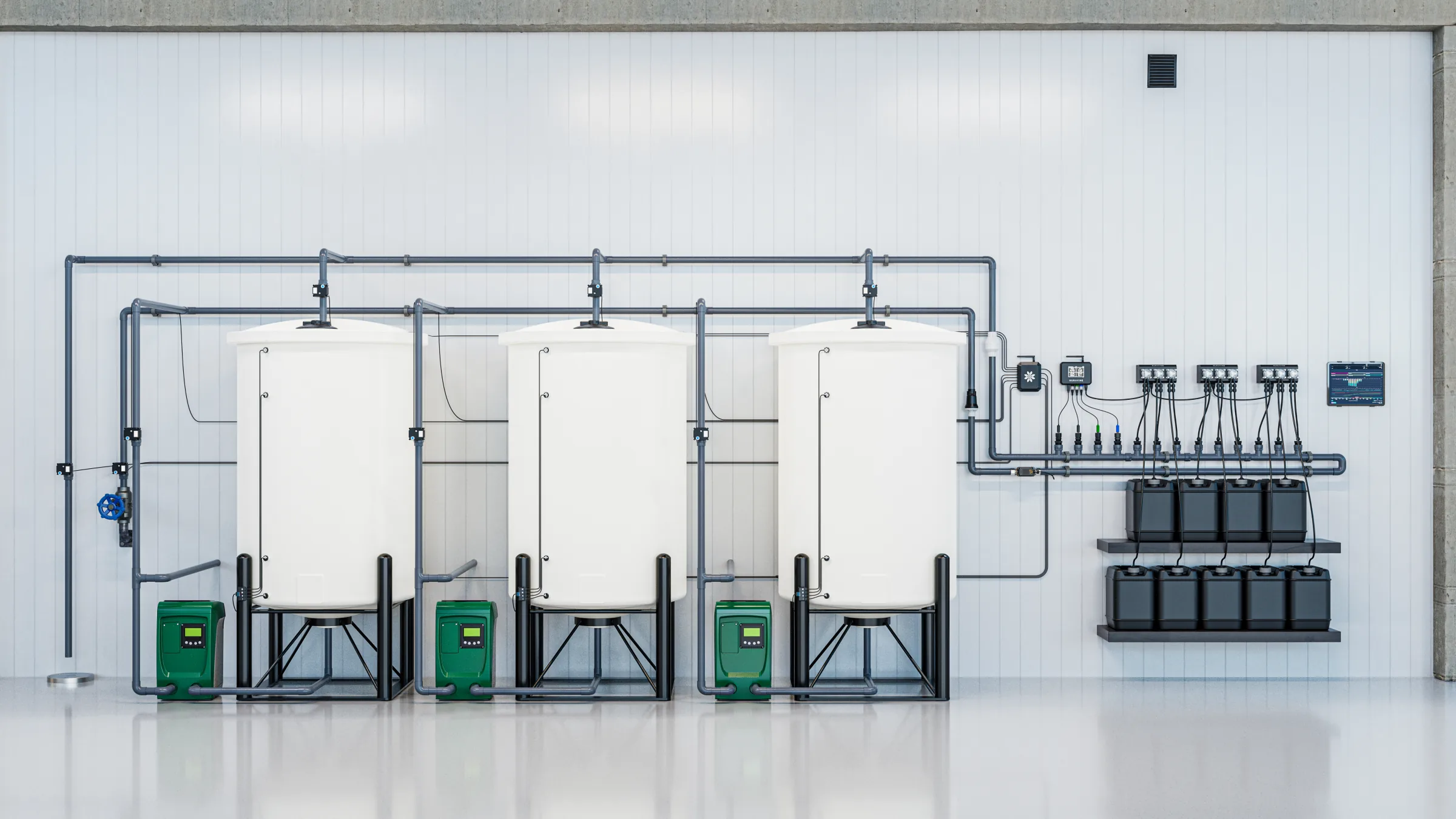 Nuravine multi-tank batch dosing system with Aurora II controller running multiple batch tanks