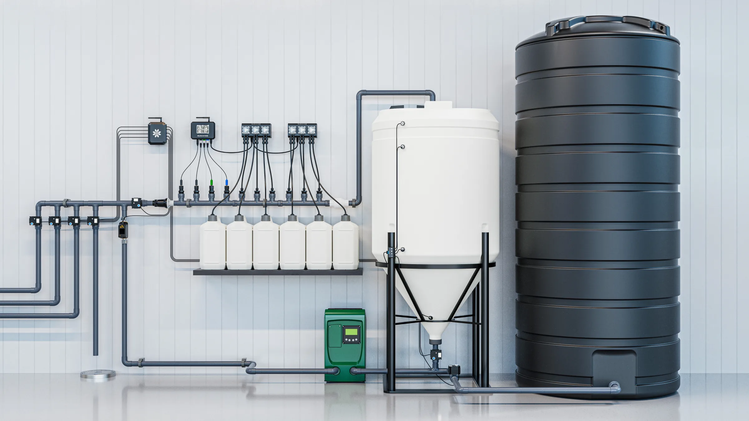 Nuravine single-tank batch dosing system with Aurora II controller and batch tank