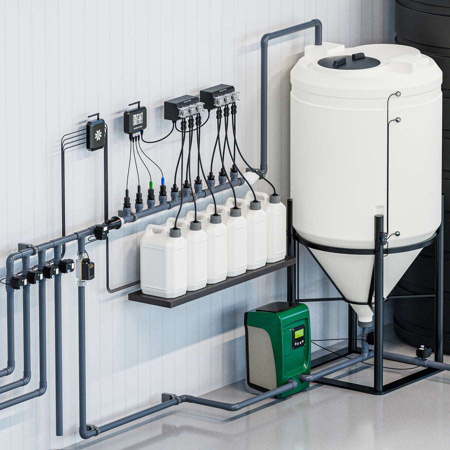 Multi-zone batch dosing system with mixing tank and dosing pumps