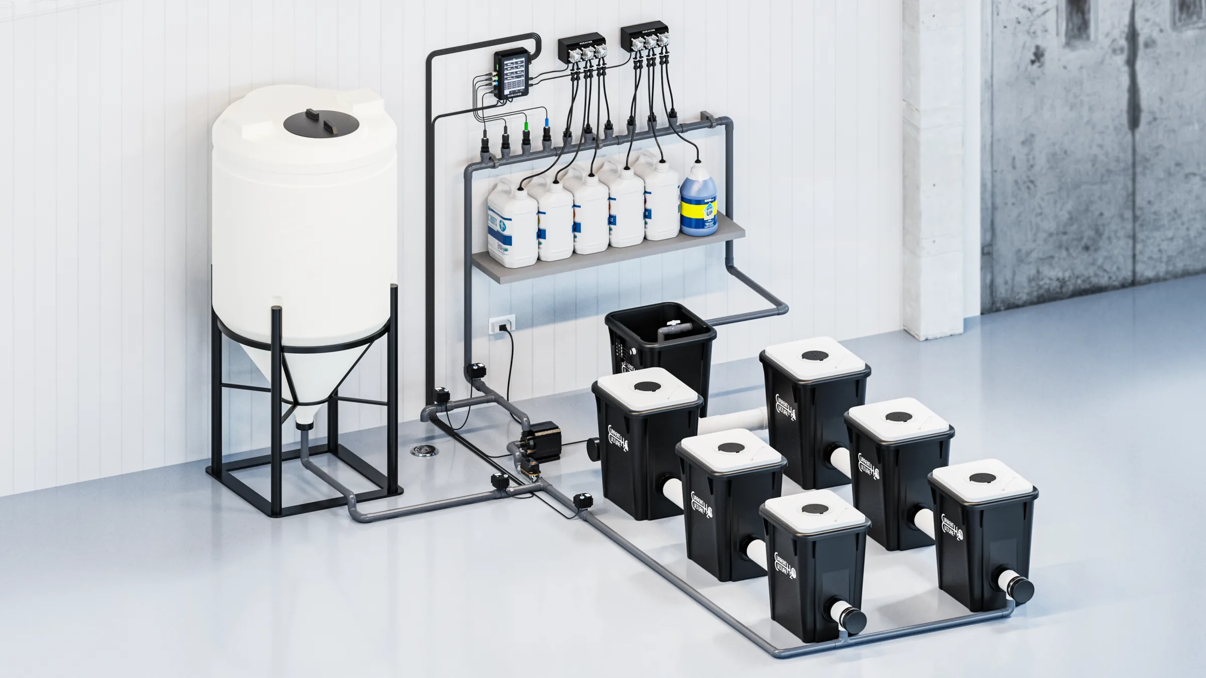 Nuravine recirculating dosing system with Aurora II controller, cone-bottom reservoir, and RDWC buckets