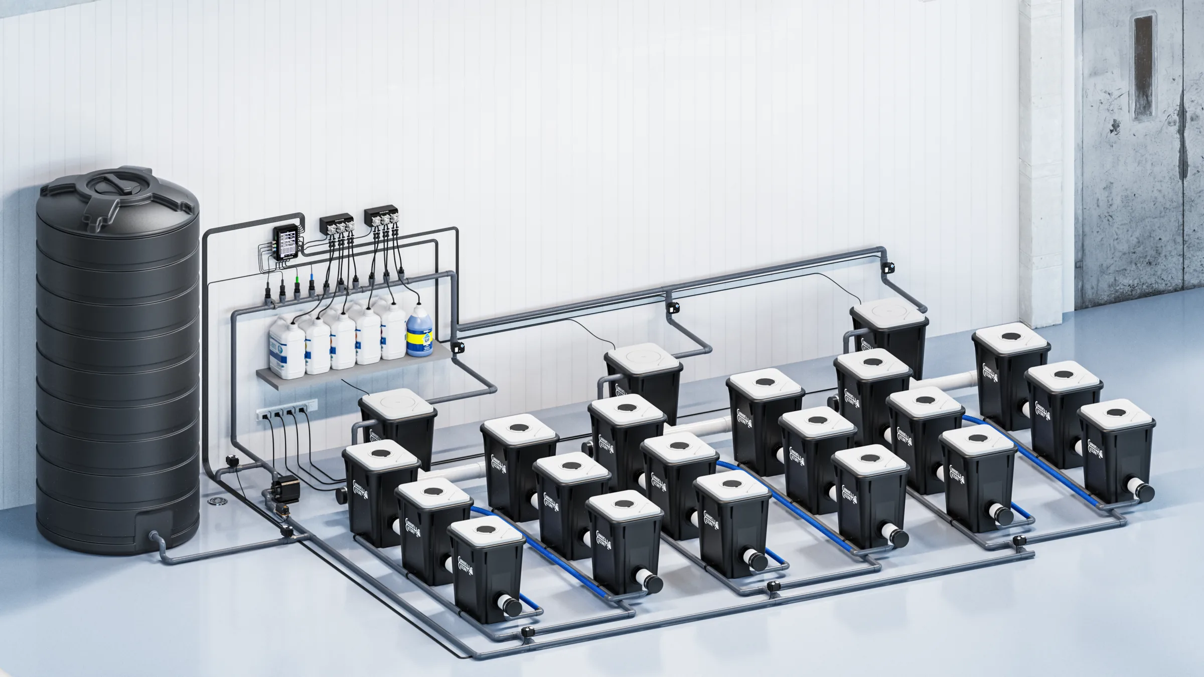 Nuravine multi recirculating dosing system with Aurora II controller running three RDWC bucket loops from one RO tank